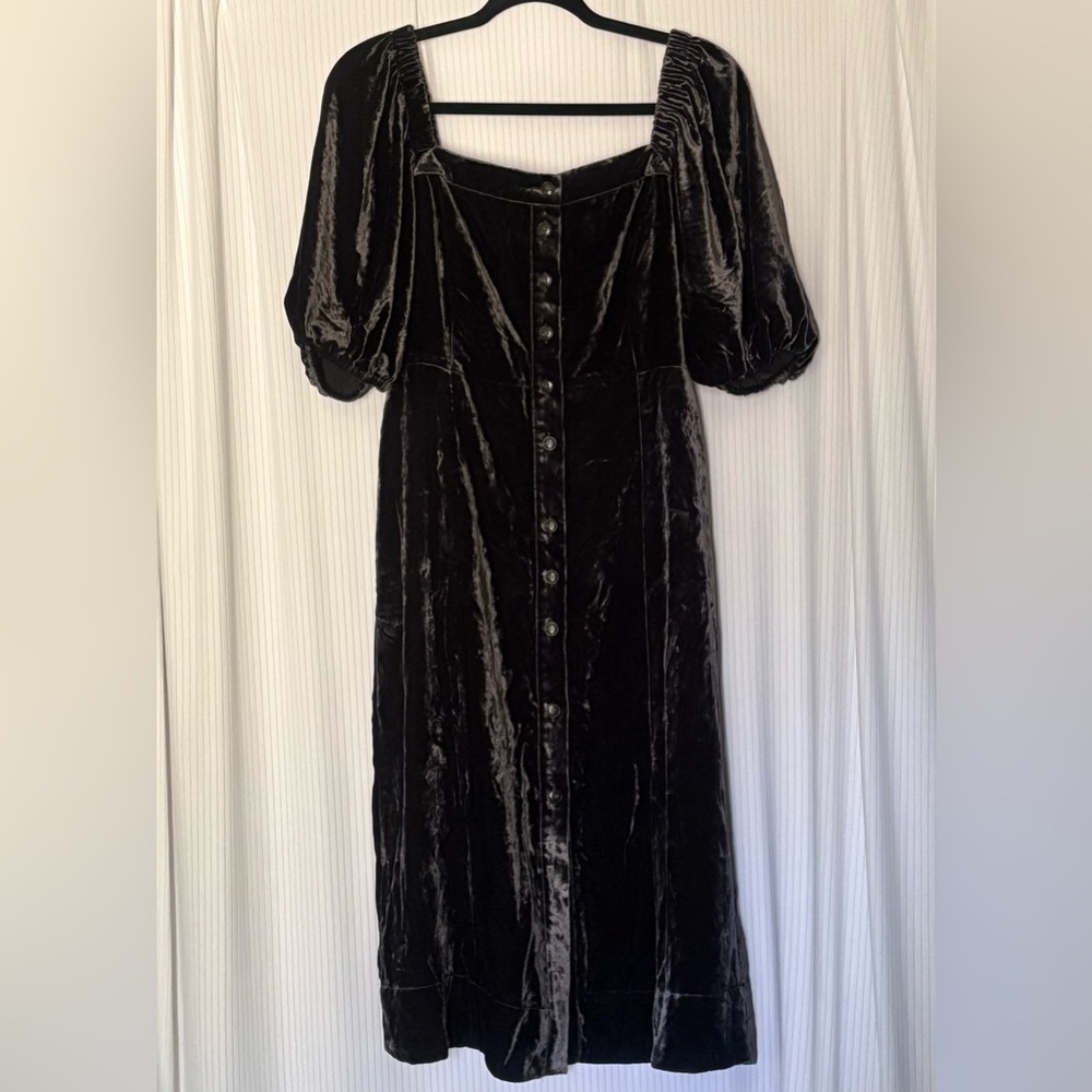 J Crew Black Velvet Midi Dress Puff Sleeve Button Front Lined Square Neckline